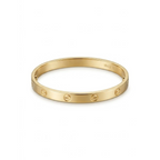 Brazalete rígido dorado clásico con grabados geométricos de tornillos[cite: 23], con laminado en oro premium 18K PVD hecho en España.
