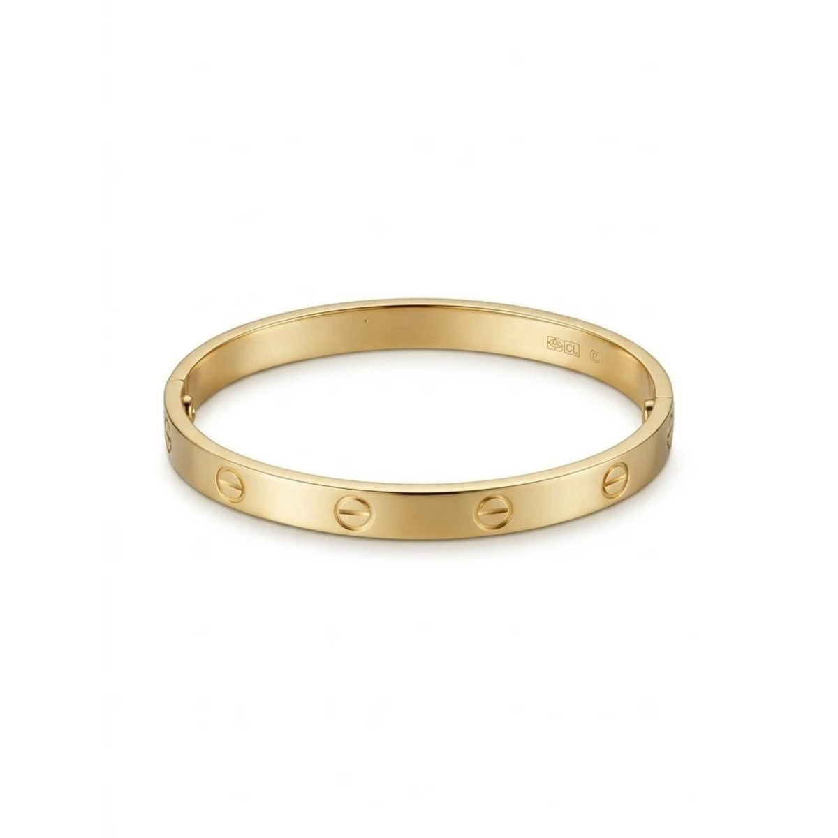 Brazalete rígido dorado clásico con grabados geométricos de tornillos[cite: 23], con laminado en oro premium 18K PVD hecho en España.