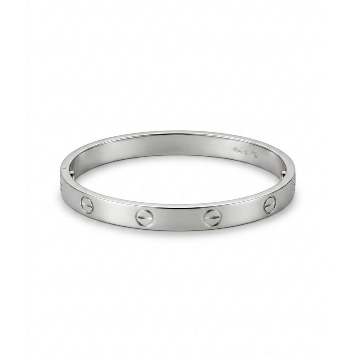 Brazalete rígido plateado clásico con grabados geométricos de tornillos[cite: 24], con laminado en oro premium 18K PVD hecho en España.