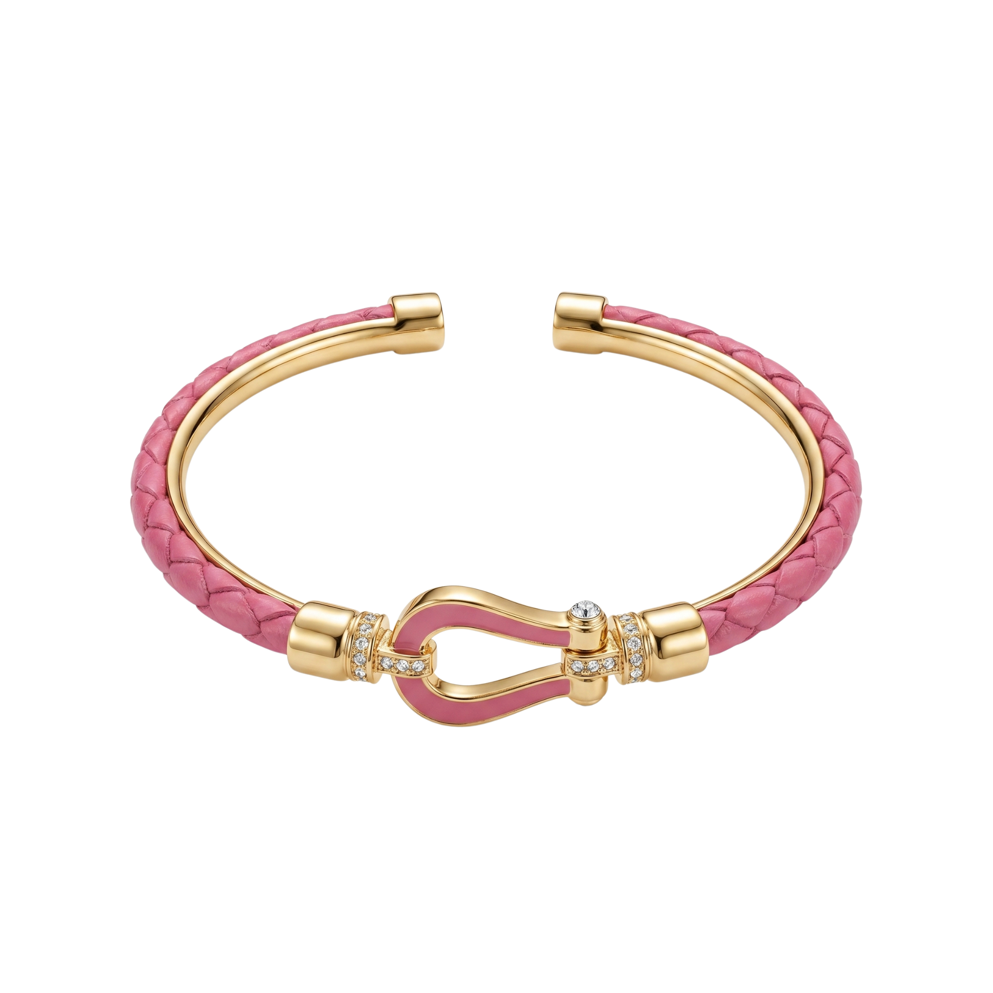 Brazalete rígido trenzado en color rosa fucsia con detalles bañados en oro de 18K y cierre decorativo con circonitas. Joyería artesanal fabricada en España.