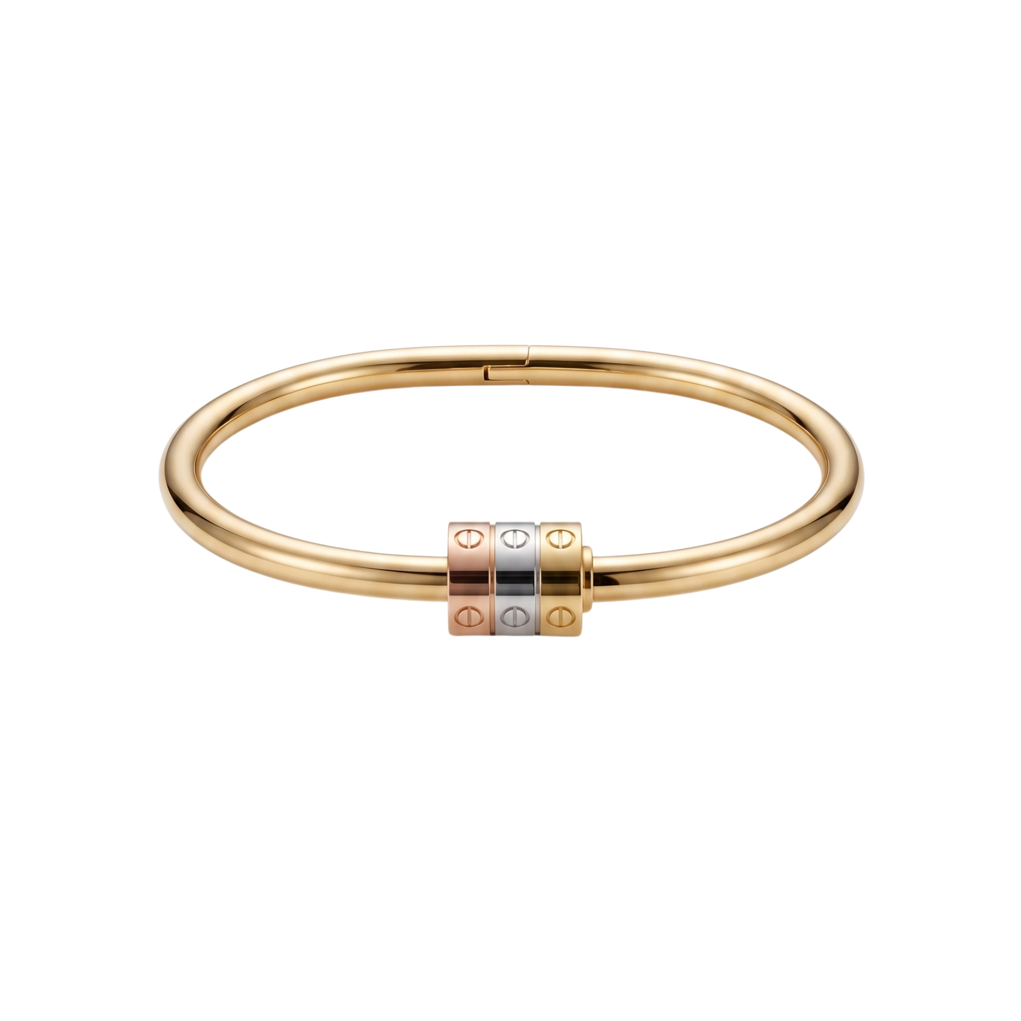 Brazalete rígido de acero inoxidable 100% bañado en oro de 18k PVD con detalle central de tres aros tricolor, hecho en Francia.