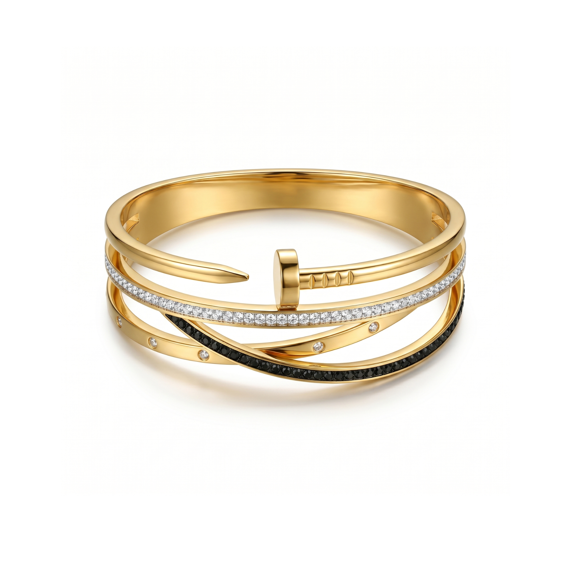 Brazalete rígido triple de acero bañado en oro de 18K con diseño de clavo y bandas de cristales blancos y negros, fabricado en España.