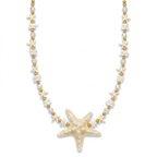 Collar de cuentas de concha blanca y cristales con esferas doradas de acero y colgante grande de estrella de mar, hecho en España.