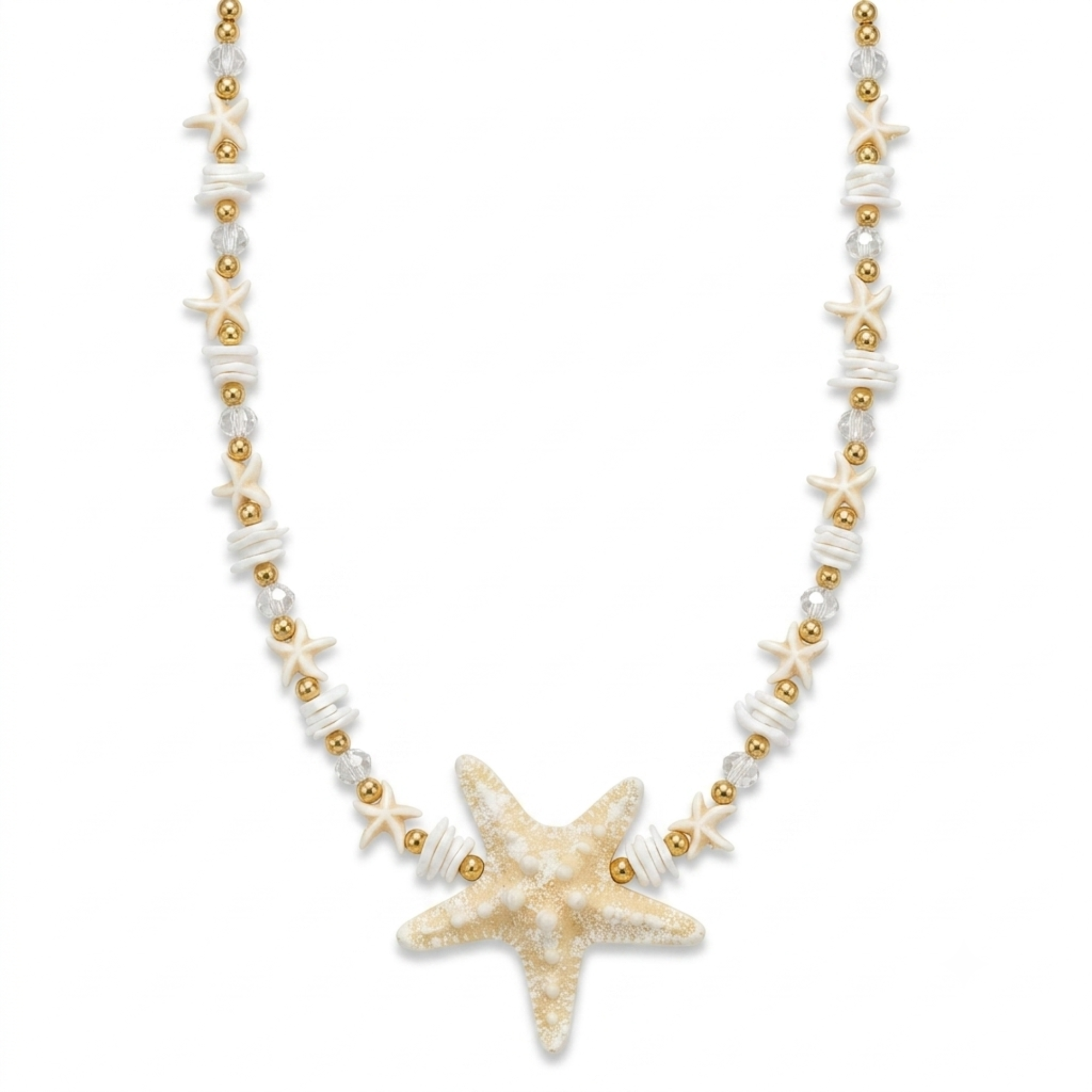 Collar de cuentas de concha blanca y cristales con esferas doradas de acero y colgante grande de estrella de mar, hecho en España.