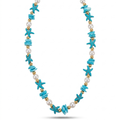 Collar de cuentas de imitación turquesa en forma de estrellas de mar con perlas blancas y esferas doradas de acero con cierre regulable, hecho en España.