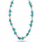 Collar de cuentas de imitación turquesa en forma de estrellas de mar con perlas blancas y esferas doradas de acero con cierre regulable, hecho en España.