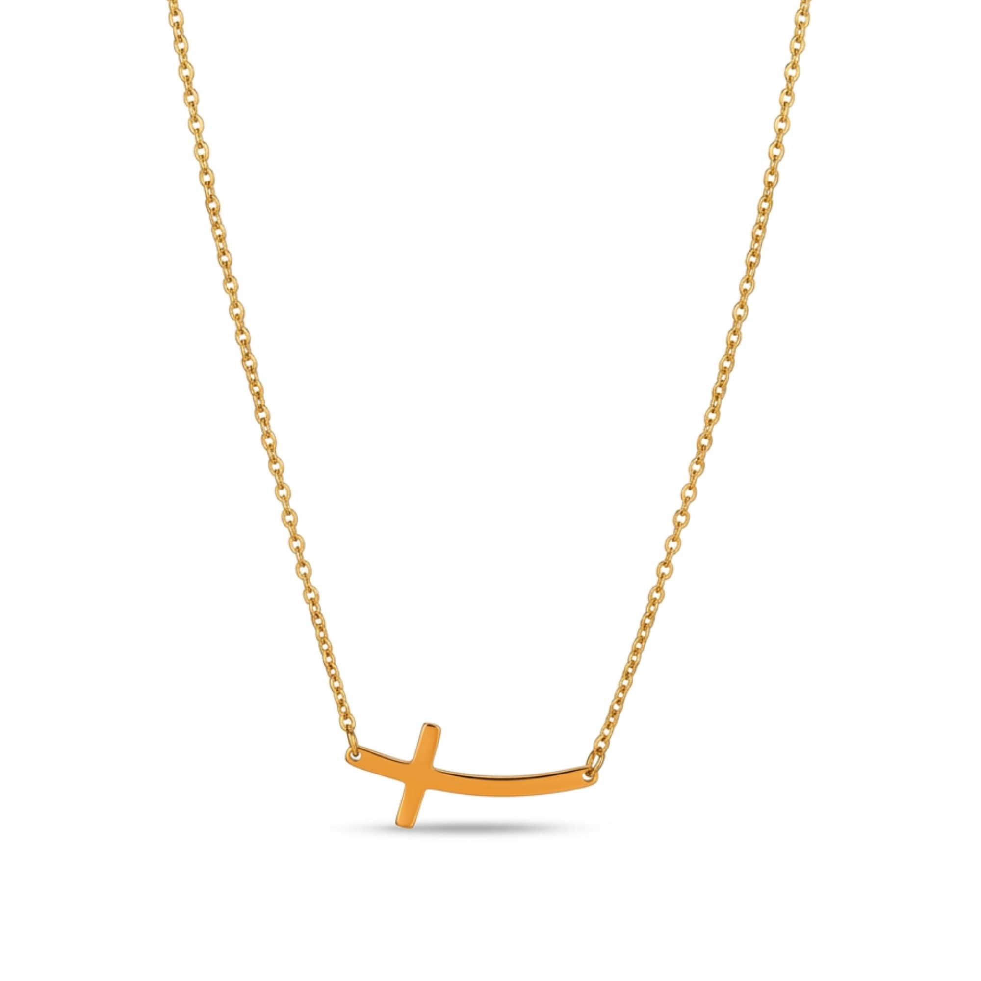 Collar de cadena fina de acero chapado en oro de 18k con un dije de cruz horizontal lateral de líneas curvadas y acabado liso pulido, hecho en España.