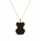 Collar de cadena con colgante en forma de oso con incrustaciones de cristales negros y borde circundado de circonitas doradas bañadas en oro de 18K.