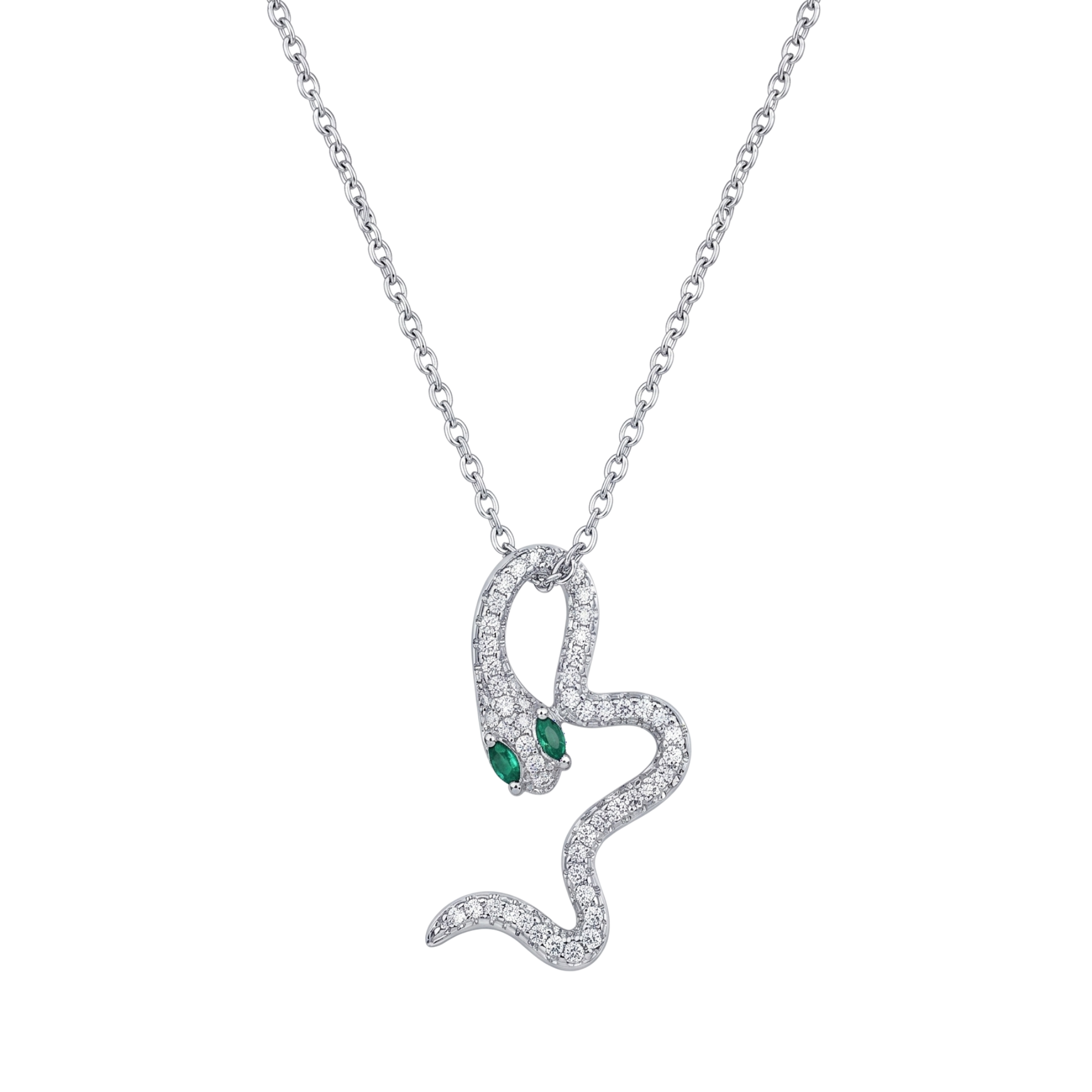 Collar de cadena con colgante de serpiente en pavé de circones brillantes y ojos verdes de acero inoxidable con baño de oro blanco de 18k PVD hecho en Bélgica.