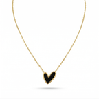 Collar de cadena fina con colgante de corazón negro asimétrico en acero con baño de oro de 18 quilates, diseñado y fabricado en España.