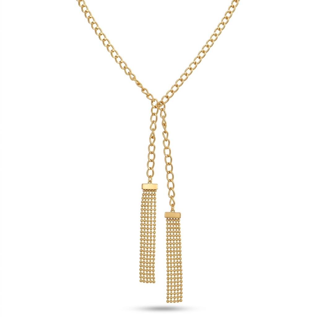 Collar de acero estilo corbata lariat chapado en oro de 18k con dos cadenas colgantes asimétricas rematadas en flecos de cuentas de bolitas, hecho en España.