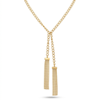 Collar de acero estilo corbata lariat chapado en oro de 18k con dos cadenas colgantes asimétricas rematadas en flecos de cuentas de bolitas, hecho en España.