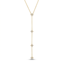 Collar de acero estilo corbata lariat chapado en oro de 18k con fina cadena colgante decorada con cuatro motivos de trébol brillantes en pavé de circonitas, hecho en España.