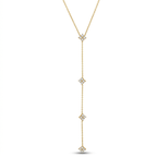 Collar de acero estilo corbata lariat chapado en oro de 18k con fina cadena colgante decorada con cuatro motivos de trébol brillantes en pavé de circonitas, hecho en España.
