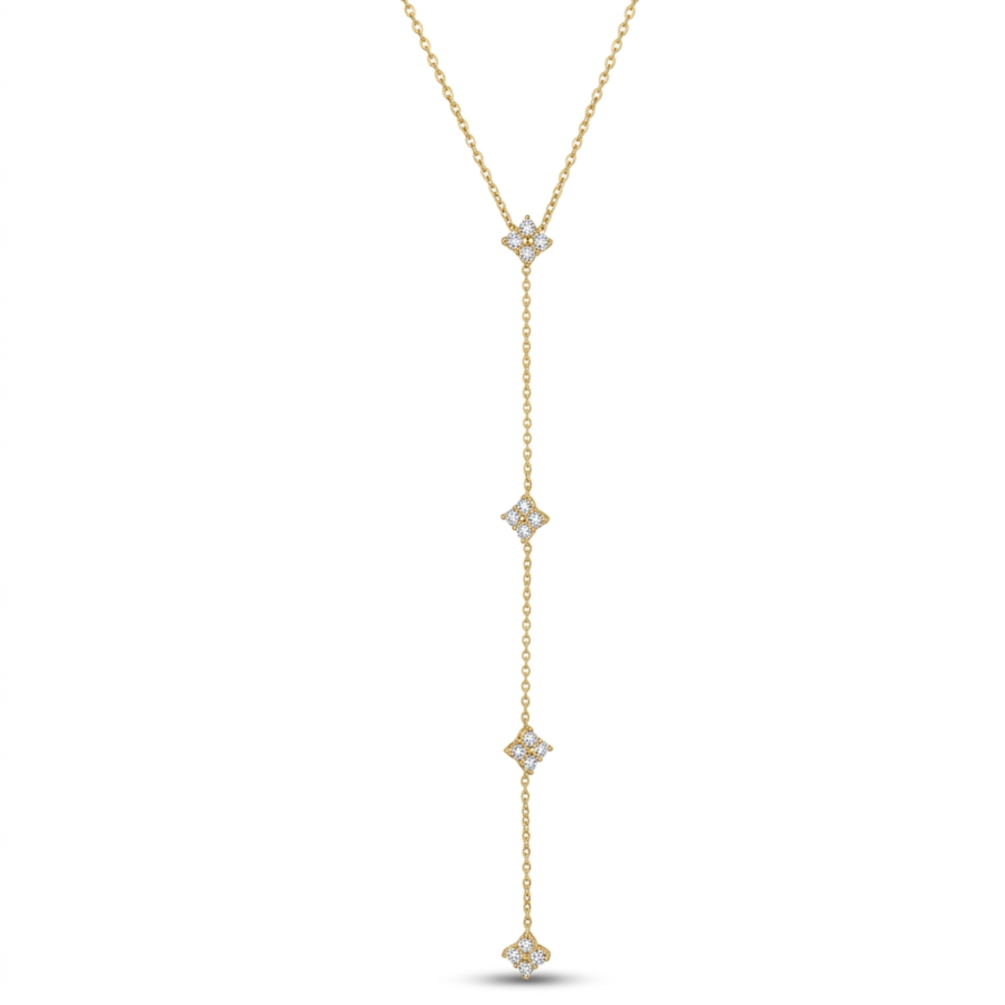 Collar de acero estilo corbata lariat chapado en oro de 18k con fina cadena colgante decorada con cuatro motivos de trébol brillantes en pavé de circonitas, hecho en España.