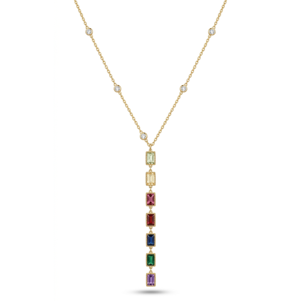Collar tipo corbatero bañado en oro de 18k con una caída vertical de piedras rectangulares multicolores y detalles de circonitas brillantes en la cadena, sobre fondo blanco.