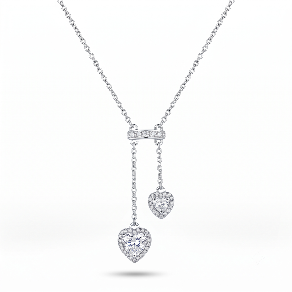 Collar estilo corbatero de acero inoxidable con baño de oro blanco de 18k PVD y dos colgantes en forma de corazón con circones, hecho en Bélgica.