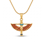 Collar de oro de 18k con colgante de la diosa Isis con alas extendidas y detalles en esmalte de colores, joyería de diseño hecha en España.