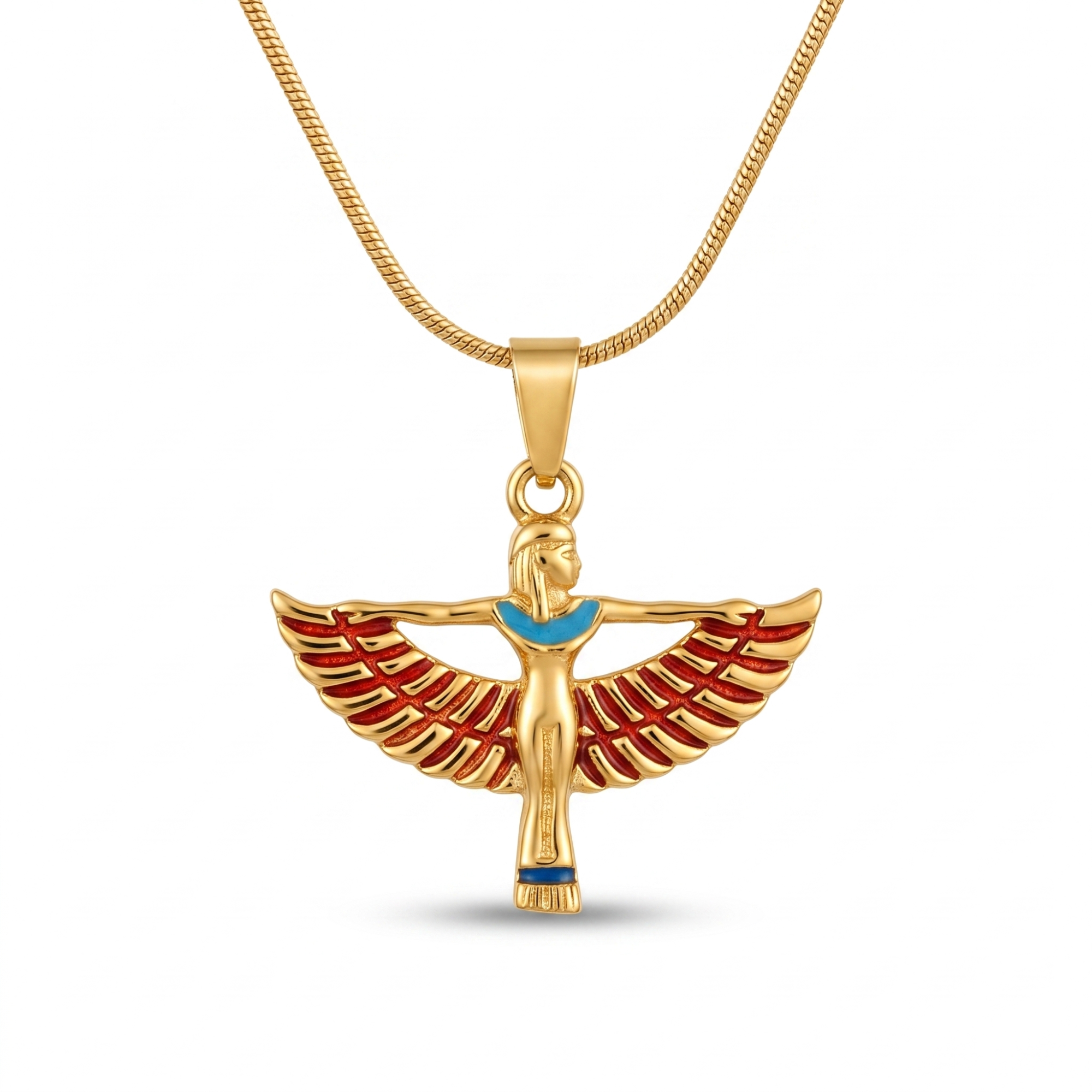 Collar de oro de 18k con colgante de la diosa Isis con alas extendidas y detalles en esmalte de colores, joyería de diseño hecha en España.
