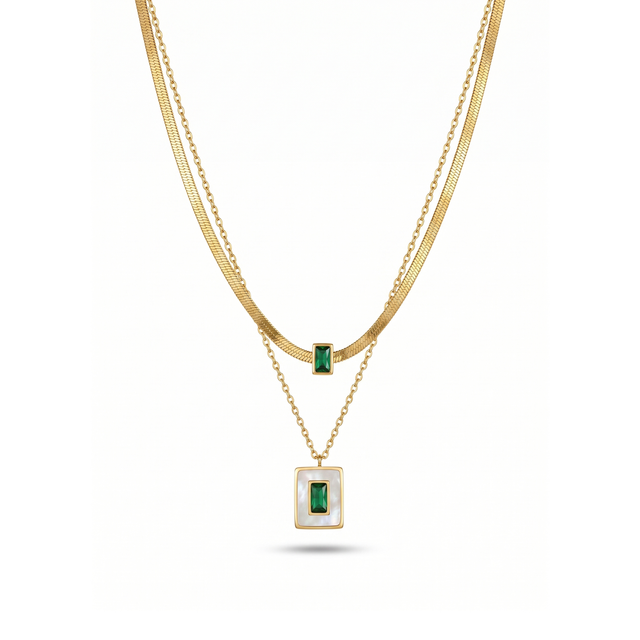 Geometric Emerald & Mother-of-Pearl Duo Necklace