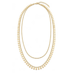 Collar doble dorado de estilo mediterráneo con cadena de bolitas y flecos de gotas pulidas[cite: 21], con laminado en oro premium 18K PVD hecho en España.