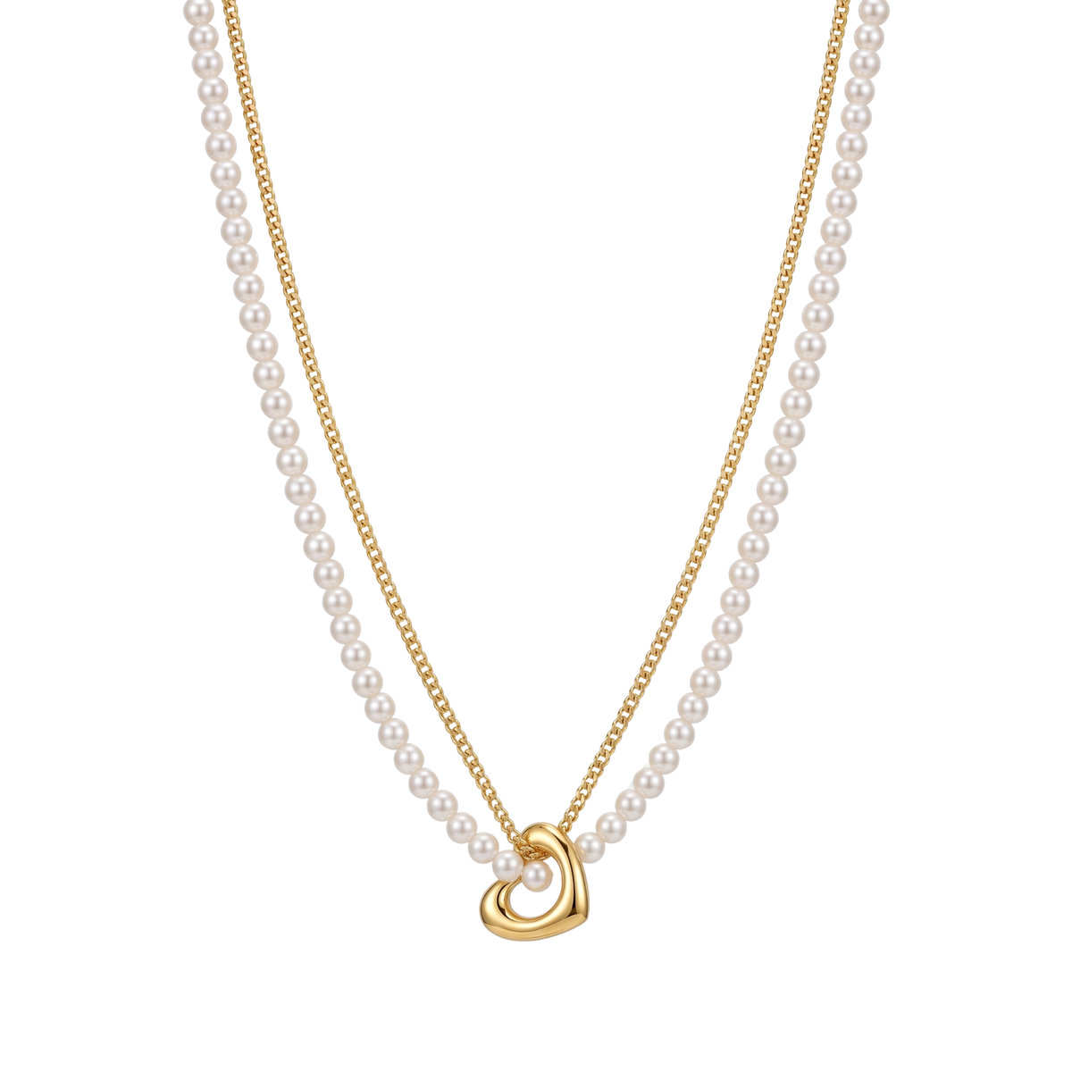 Collar doble con hilera de perlas y cadena de acero bañada en oro de 18k PVD con dije de corazón hecho en Portugal.