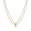 Collar doble con hilera de perlas y cadena de acero bañado en oro 18k PVD con dije central de aro entrelazado hecho en Portugal.