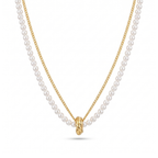 Collar doble con hilera de perlas y cadena de acero bañado en oro 18k PVD con dije central de aro entrelazado hecho en Portugal.