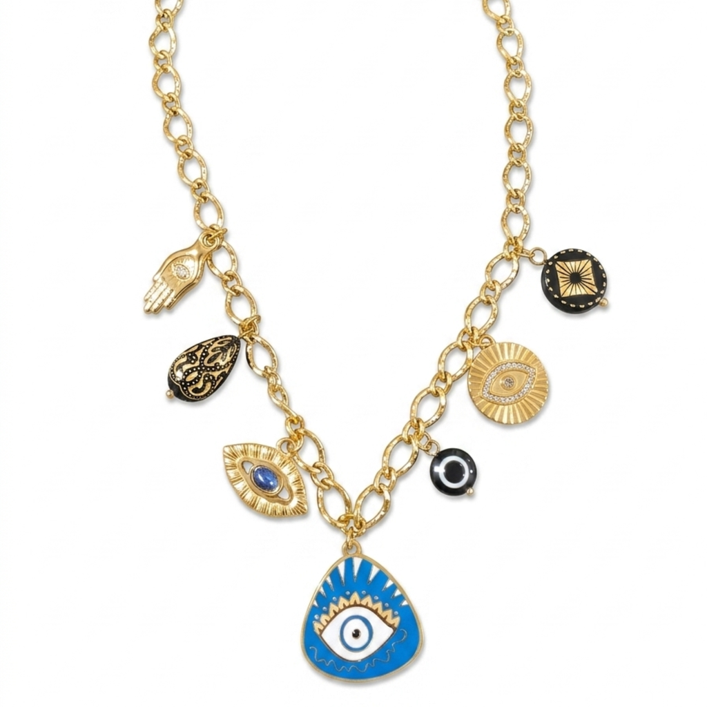 Collar de eslabones de acero dorado con colgante central de ojo turco esmaltado en azul, amuletos místicos de protección y detalles de circonitas, hecho en España.