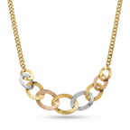 Collar de cadena con eslabones entrelazados tricolores (oro, plata y rosa) grabados con greca griega, hecho en España en acero bañado en oro de 18K.