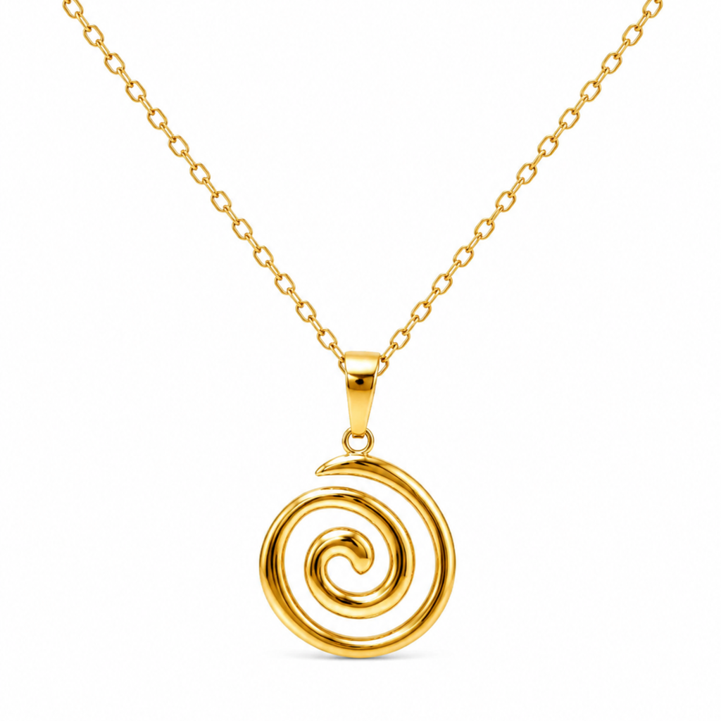 Collar de acero inoxidable bañado en oro 18k PVD con colgante en forma de espiral orgánica hecho en España.