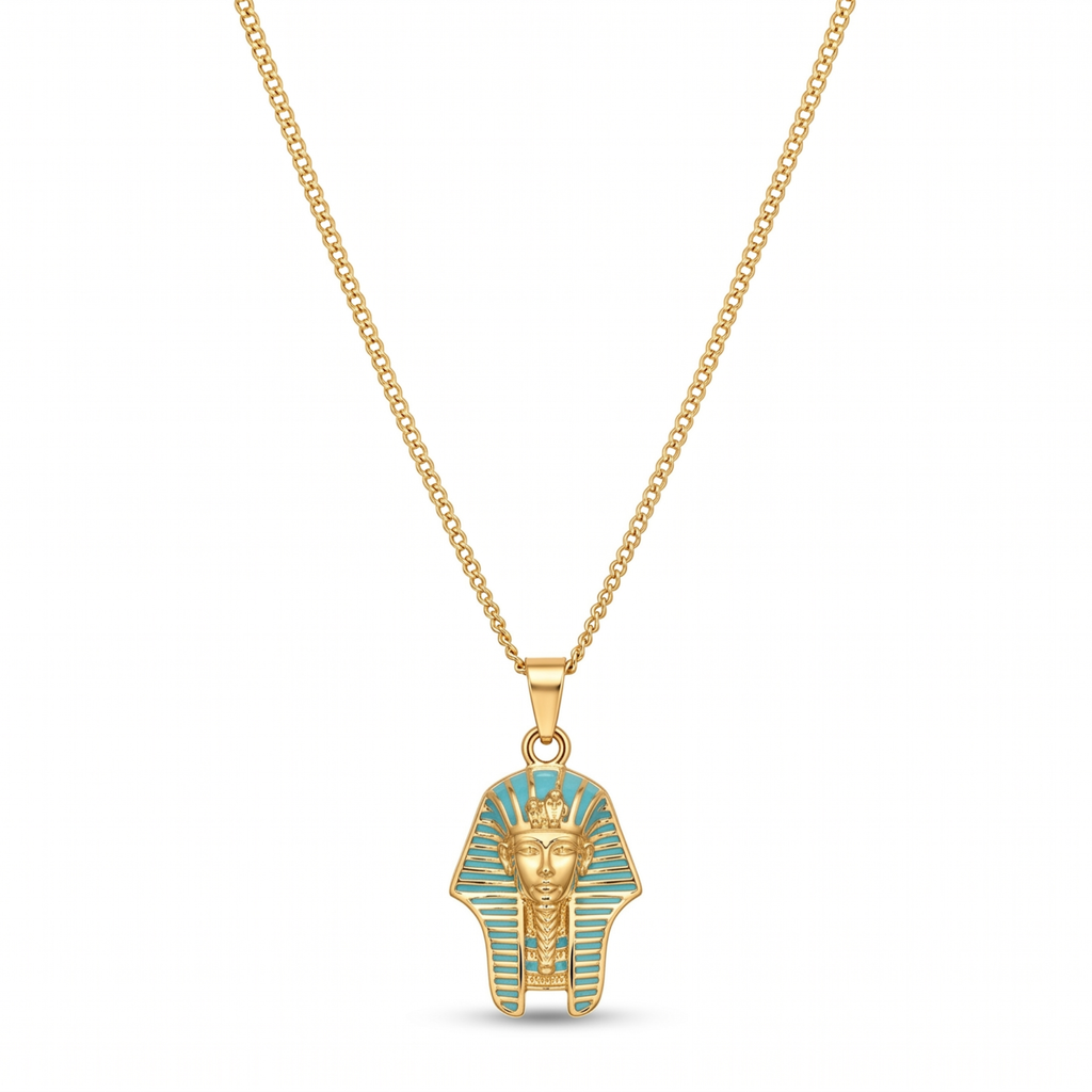 Collar dorado con colgante de la máscara de Tutankamón con detalles en esmalte turquesa, bañado en oro de 18k, joyería hecha en España.