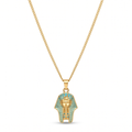 Collar dorado con colgante de la máscara de Tutankamón con detalles en esmalte turquesa, bañado en oro de 18k, joyería hecha en España.