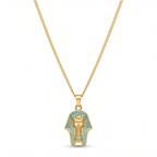 Collar dorado con colgante de la máscara de Tutankamón con detalles en esmalte turquesa, bañado en oro de 18k, joyería hecha en España.