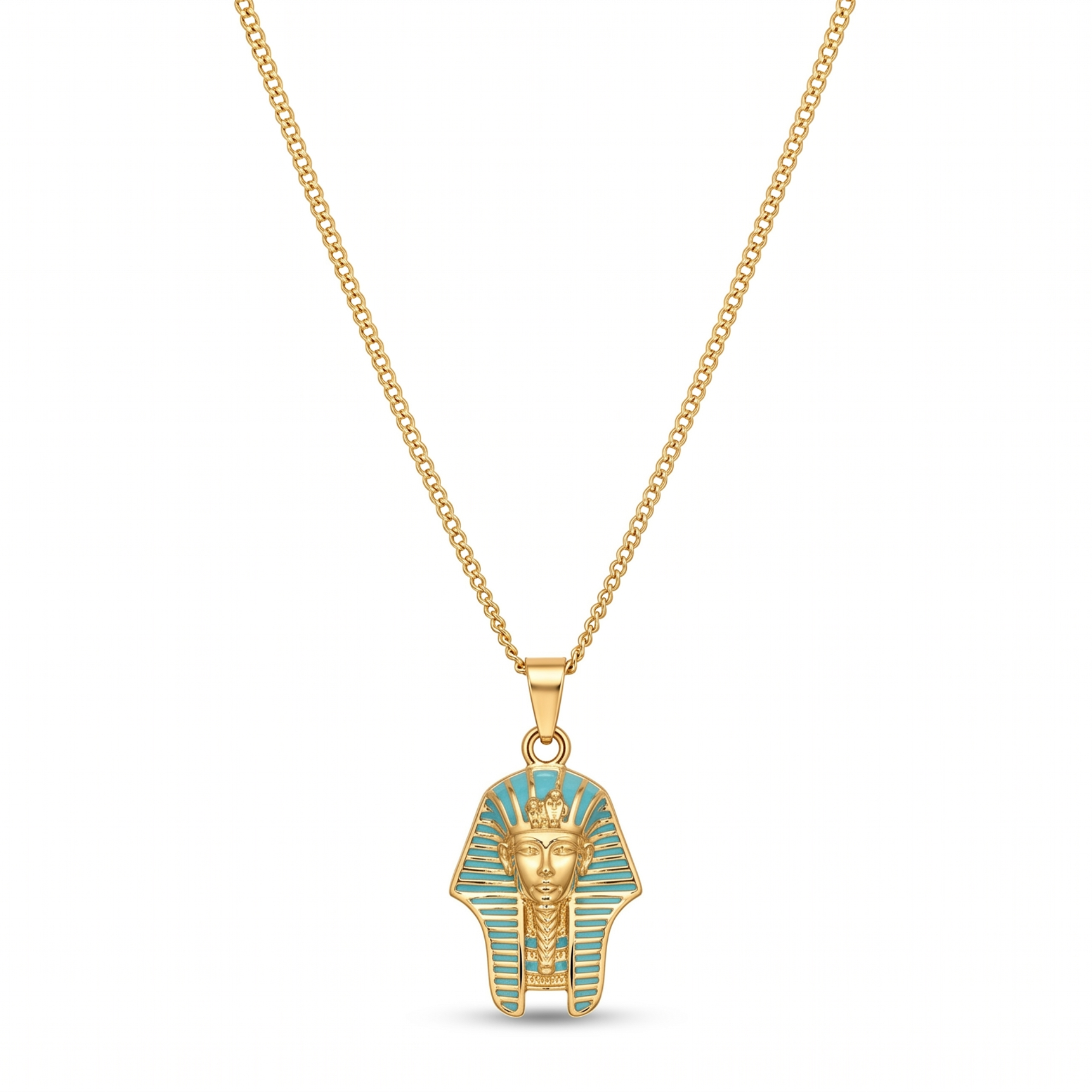 Collar dorado con colgante de la máscara de Tutankamón con detalles en esmalte turquesa, bañado en oro de 18k, joyería hecha en España.