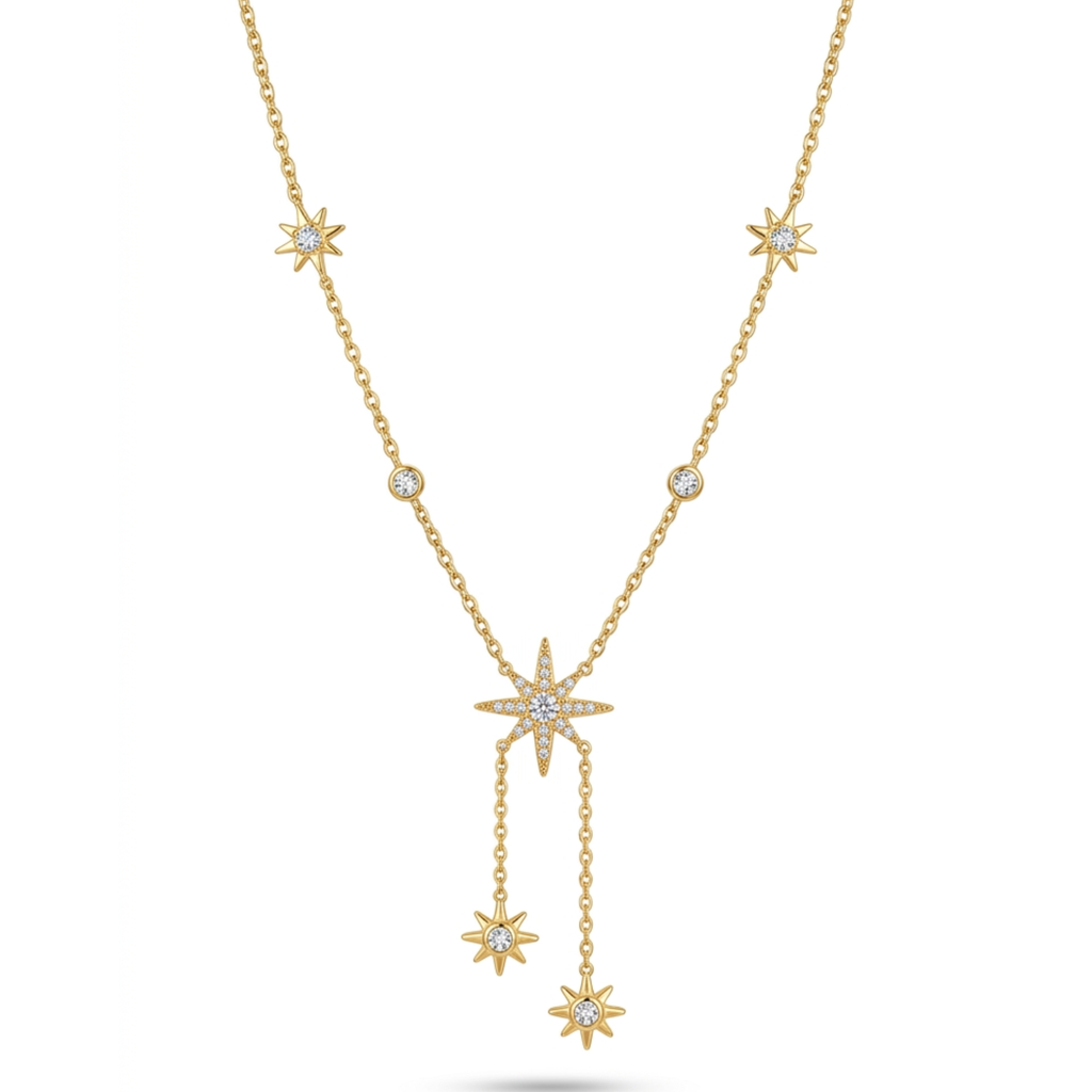 Collar estilo lariat de acero inoxidable con chapado en oro de 18K y colgantes en forma de estrella con circonitas brillantes.