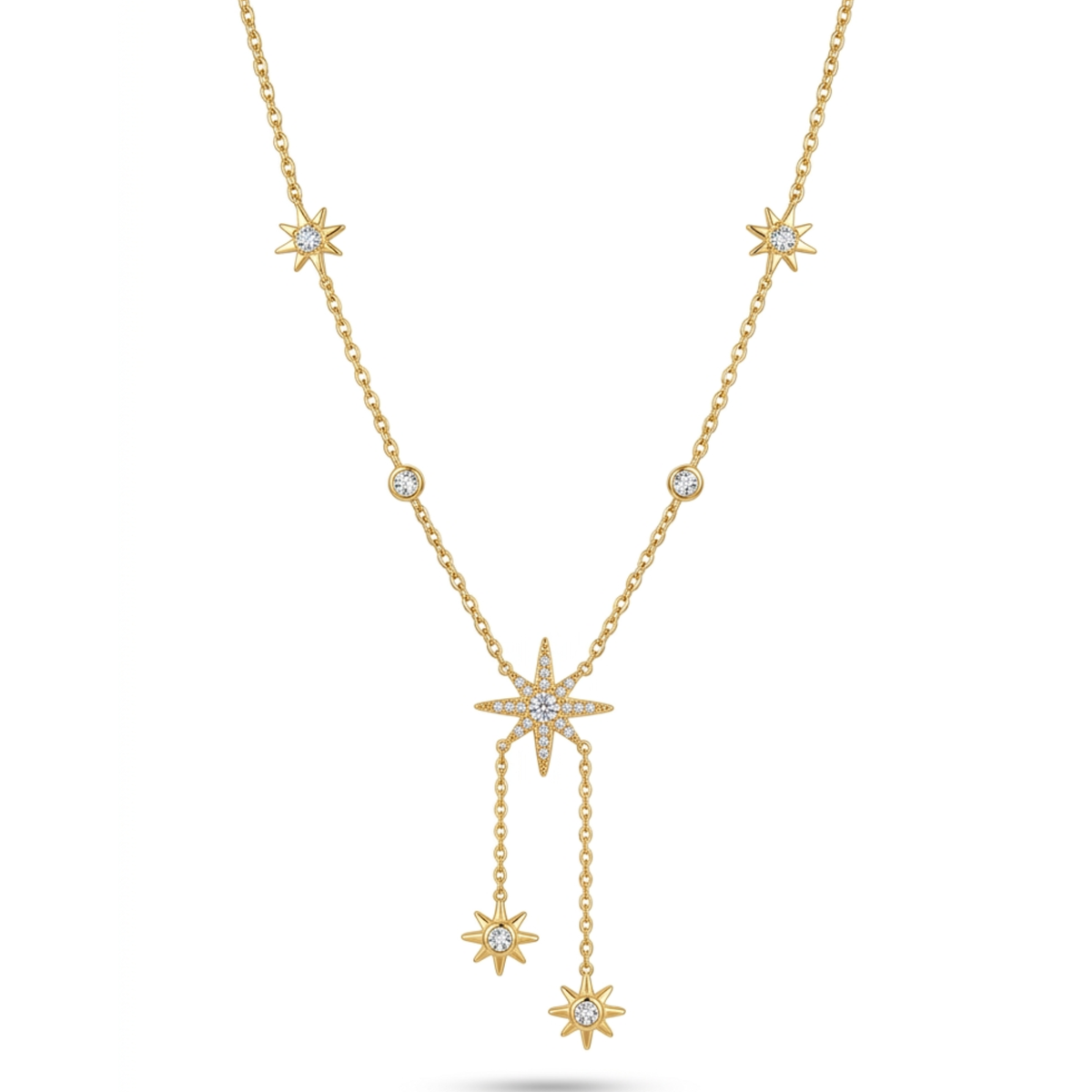 Collar estilo lariat de acero inoxidable con chapado en oro de 18K y colgantes en forma de estrella con circonitas brillantes.