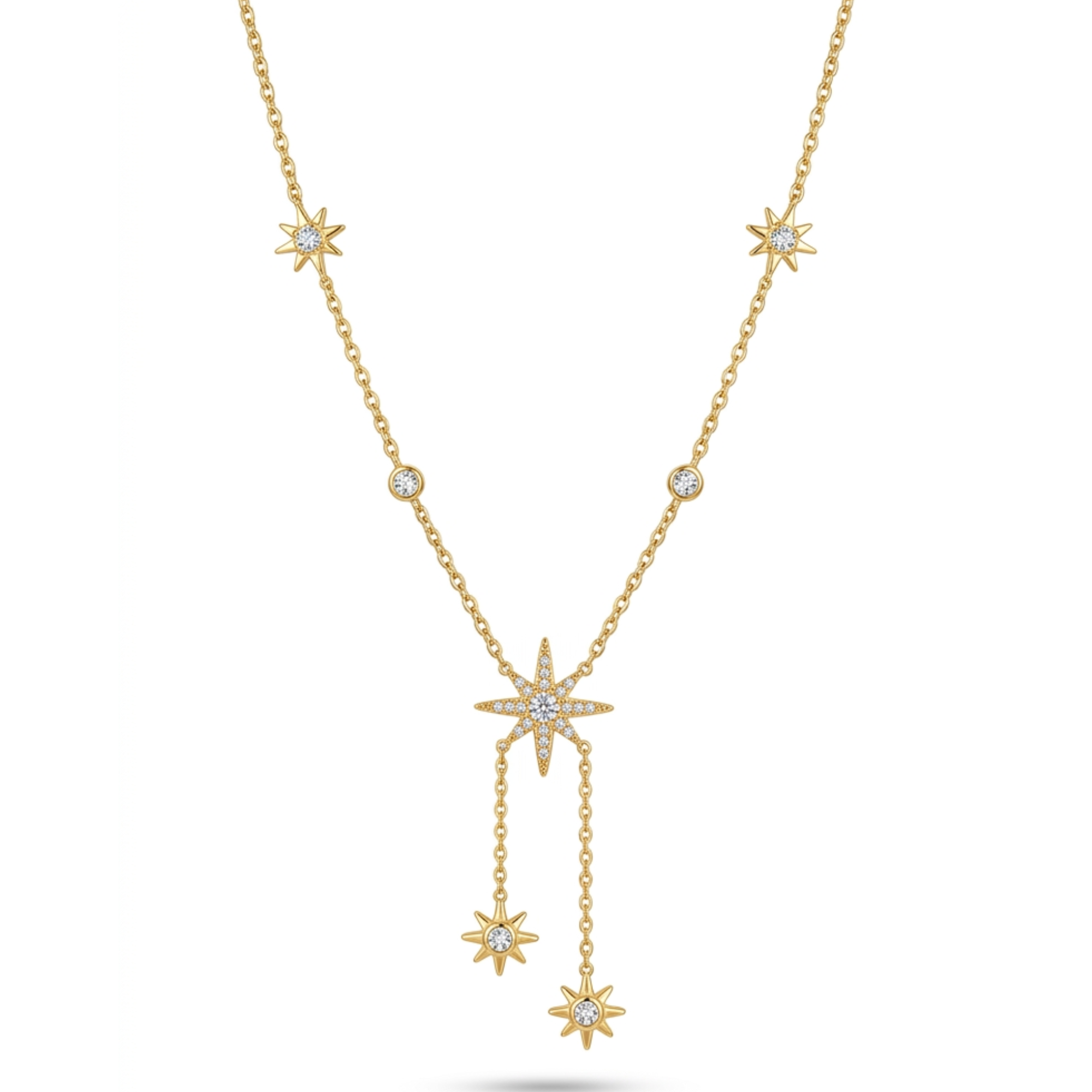 Collar estilo lariat de acero inoxidable con chapado en oro de 18K y colgantes en forma de estrella con circonitas brillantes.