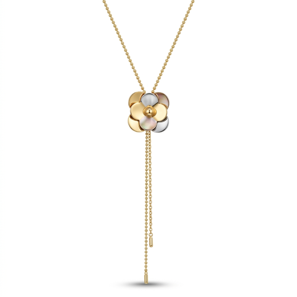 Collar estilo lariat de acero inoxidable con chapado en oro de 18K y colgante central en forma de flor tridimensional con detalles de nácar.