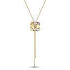 Collar estilo lariat de acero inoxidable con chapado en oro de 18K y colgante central en forma de flor tridimensional con detalles de nácar.
