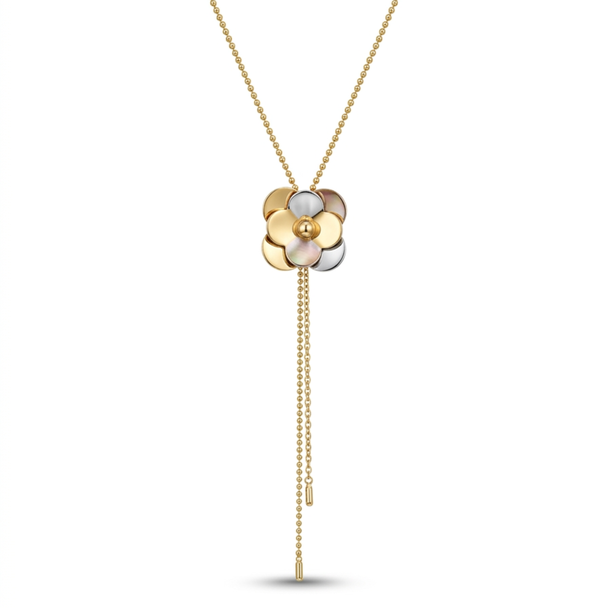 Collar estilo lariat de acero inoxidable con chapado en oro de 18K y colgante central en forma de flor tridimensional con detalles de nácar.