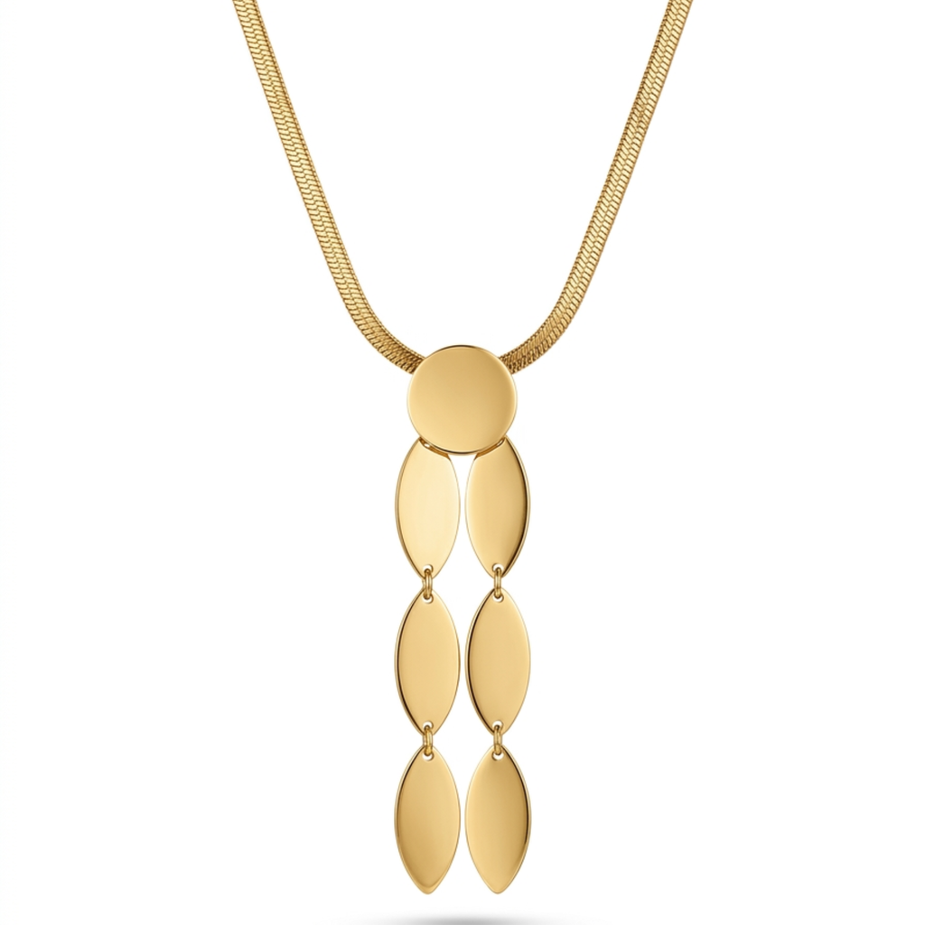 Collar estilo lariat de acero inoxidable chapado en oro de 18K con cadena plana de serpiente y colgante de hojas en cascada.