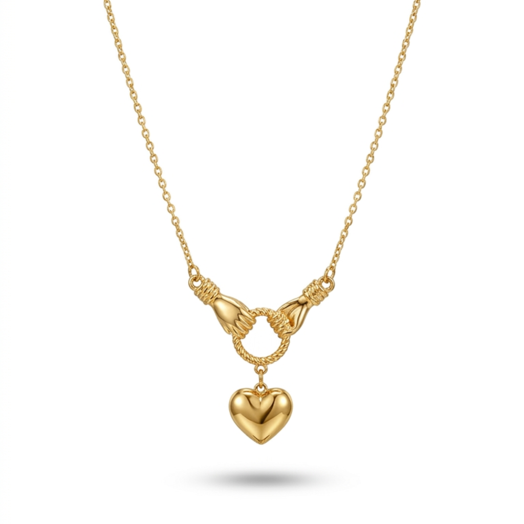 Collar bañado en oro de 18k con colgante de manos entrelazadas y corazón pulido, fondo blanco de estudio fotográfico para catálogo de joyería.