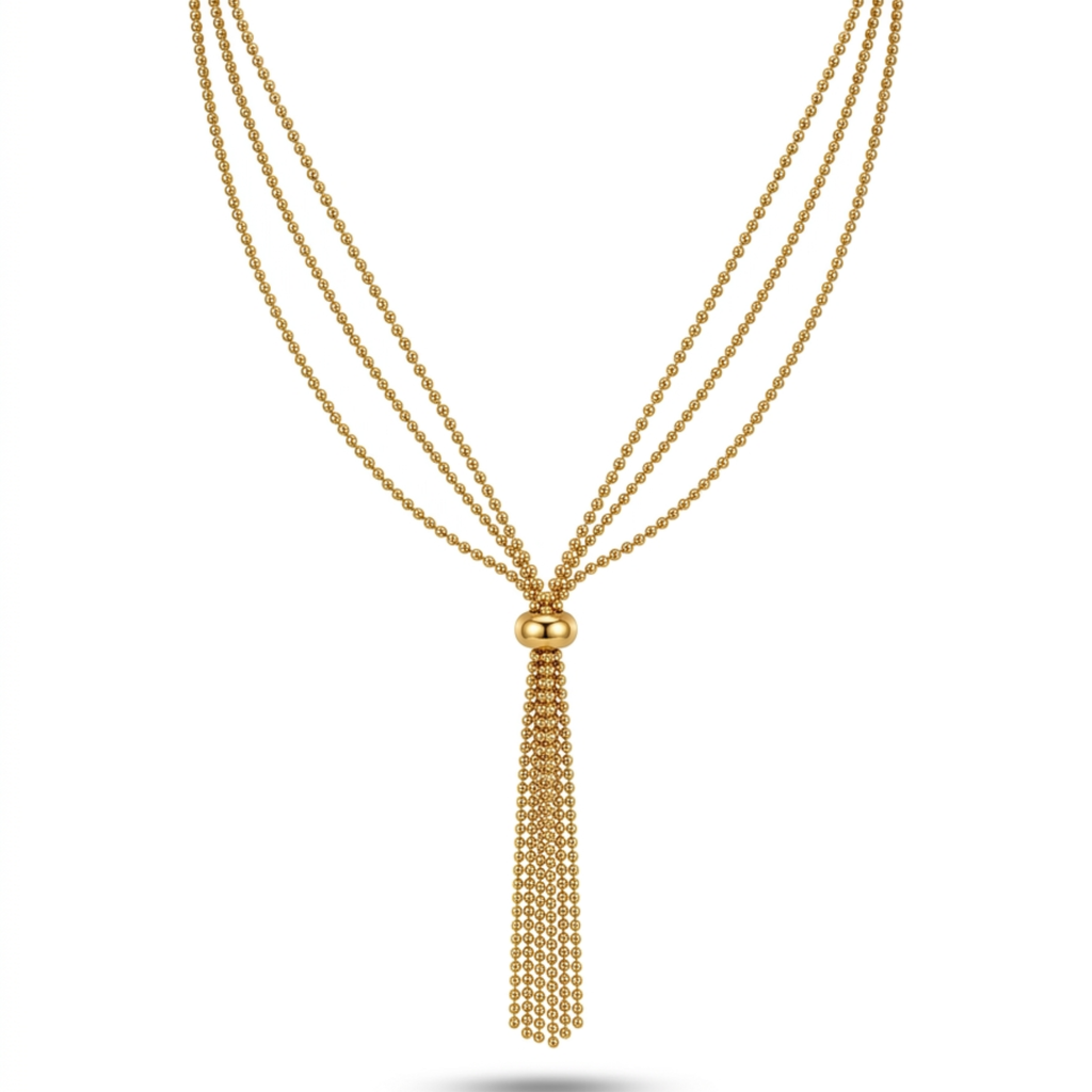 Collar de acero estilo corbata lariat chapado en oro de 18k con triple hilera de cadenas de bolitas y una borla colgante texturizada, hecho en España.