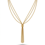 Collar de acero estilo corbata lariat chapado en oro de 18k con triple hilera de cadenas de bolitas y una borla colgante texturizada, hecho en España.