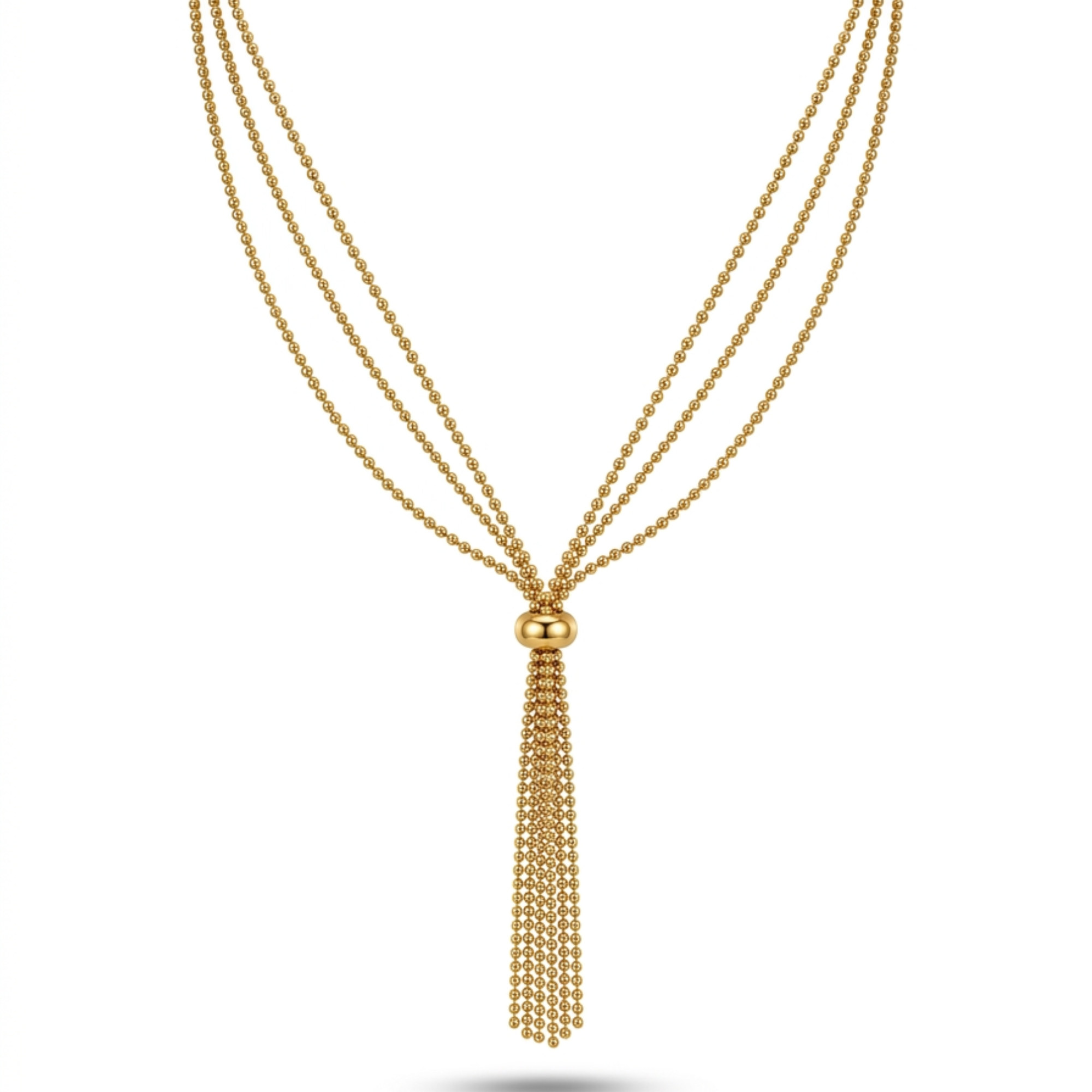 Collar de acero estilo corbata lariat chapado en oro de 18k con triple hilera de cadenas de bolitas y una borla colgante texturizada, hecho en España.