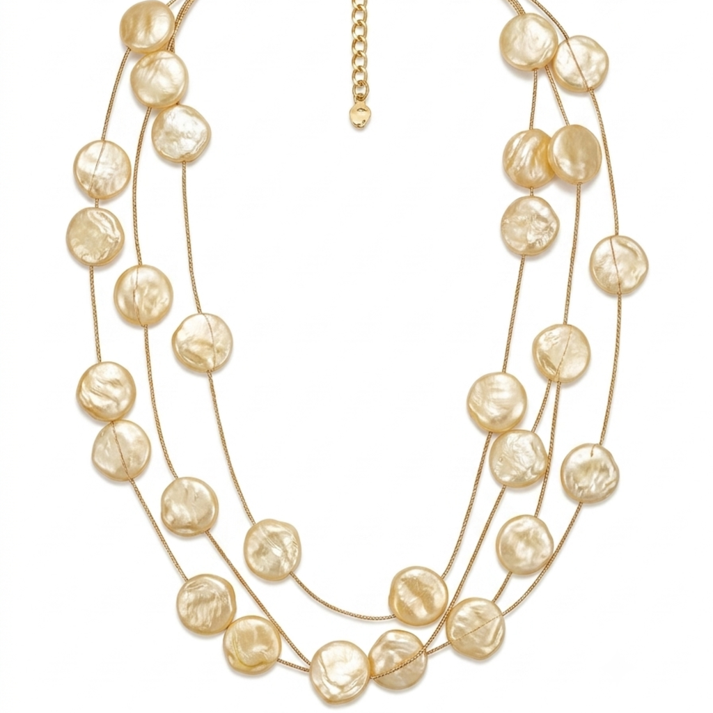Collar de tres hilos de acero dorado con discos planos texturizados de acabado nácar crema y cierre regulable, hecho en España.