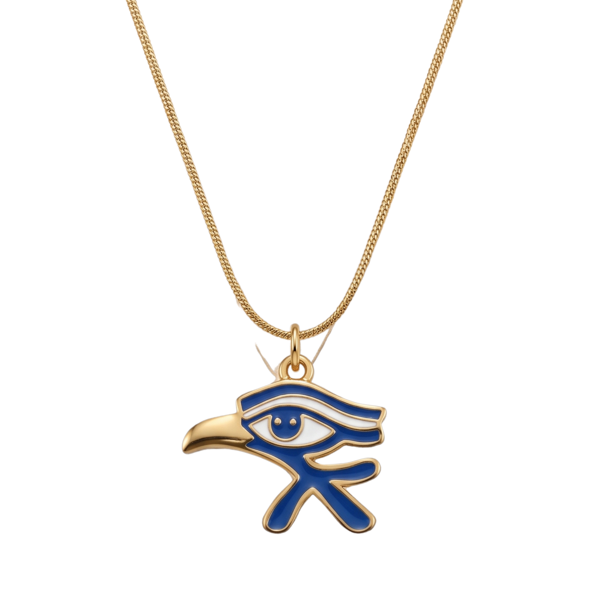 Collar con colgante del Ojo de Horus en oro de 18k y esmalte azul sobre un busto de exhibición, joyería artesanal hecha en España.