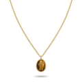 Collar de cadena fina con colgante ovalado de piedra natural ojo de tigre, fabricado en acero inoxidable con baño de oro de 18k, sobre fondo blanco.