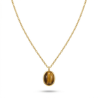 Collar de cadena fina con colgante ovalado de piedra natural ojo de tigre, fabricado en acero inoxidable con baño de oro de 18k, sobre fondo blanco.